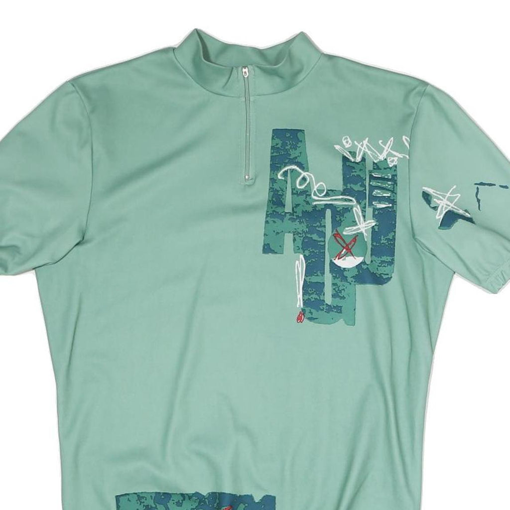 Mens Green Polyester Blend Graphic T-Shirt L Short Sleeve 1/4 Zip Sporty