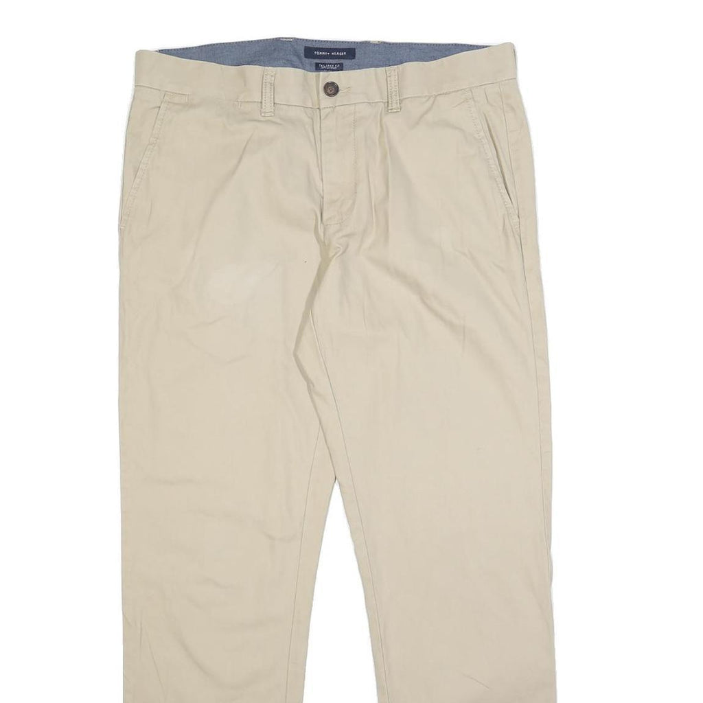 TOMMY HILFIGER Mens Cotton Beige Slim Straight Trousers W34 L32 Zip Closure