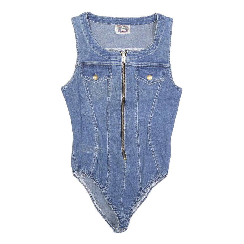 FERRONE Womens Blue Denim Playsuit S Sleeveless Zip Front Cotton Blend Body