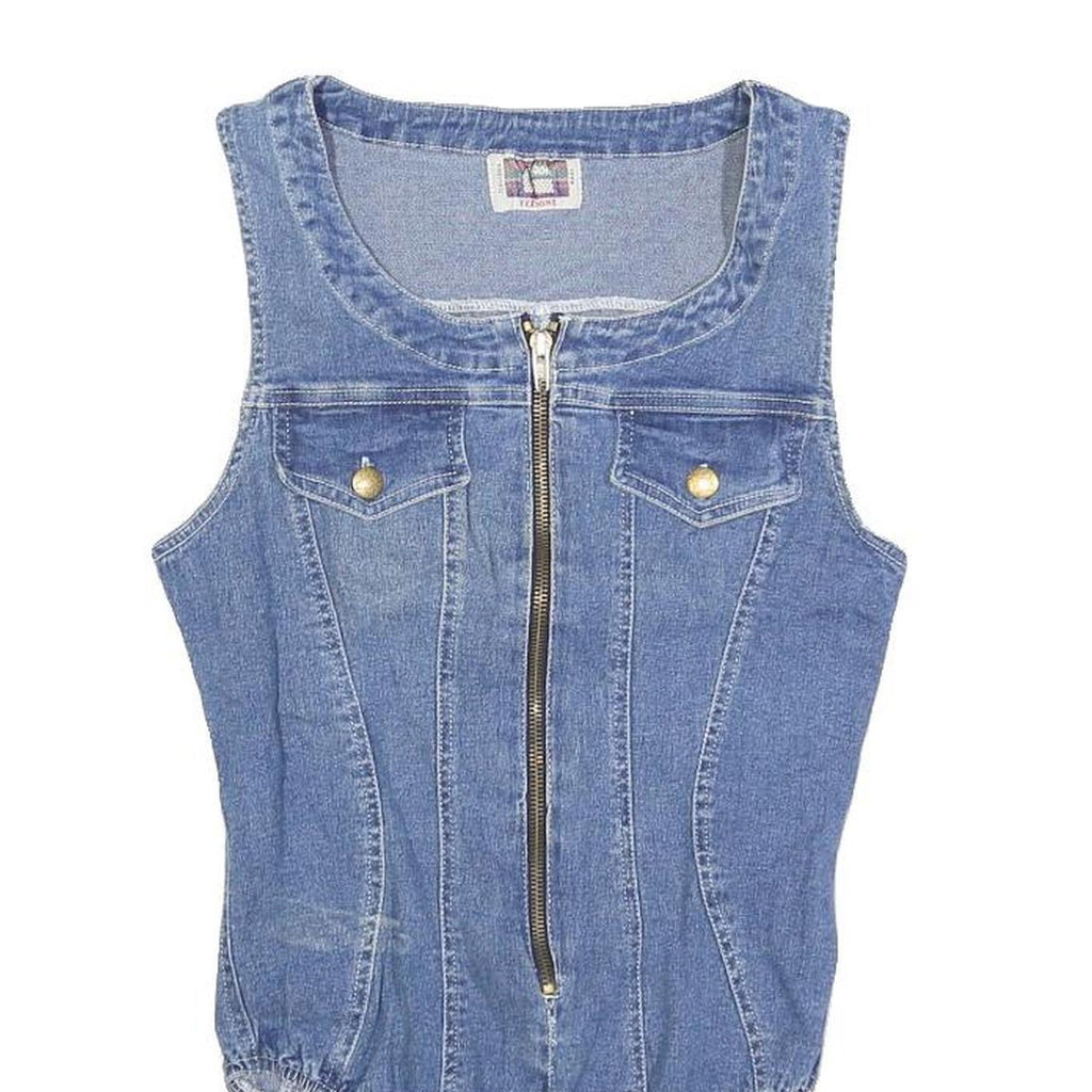 FERRONE Womens Blue Denim Playsuit S Sleeveless Zip Front Cotton Blend Body