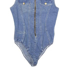 FERRONE Womens Blue Denim Playsuit S Sleeveless Zip Front Cotton Blend Body