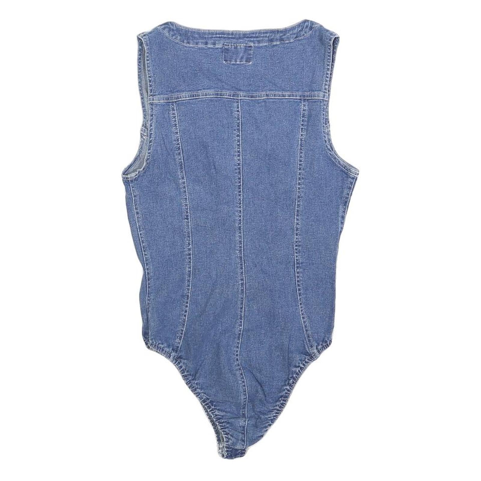 FERRONE Womens Blue Denim Playsuit S Sleeveless Zip Front Cotton Blend Body