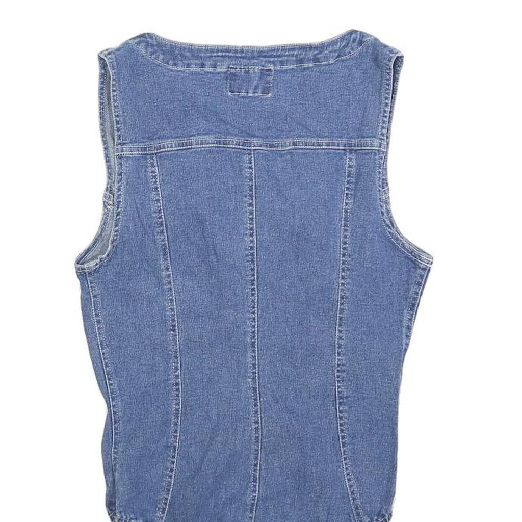 FERRONE Womens Blue Denim Playsuit S Sleeveless Zip Front Cotton Blend Body