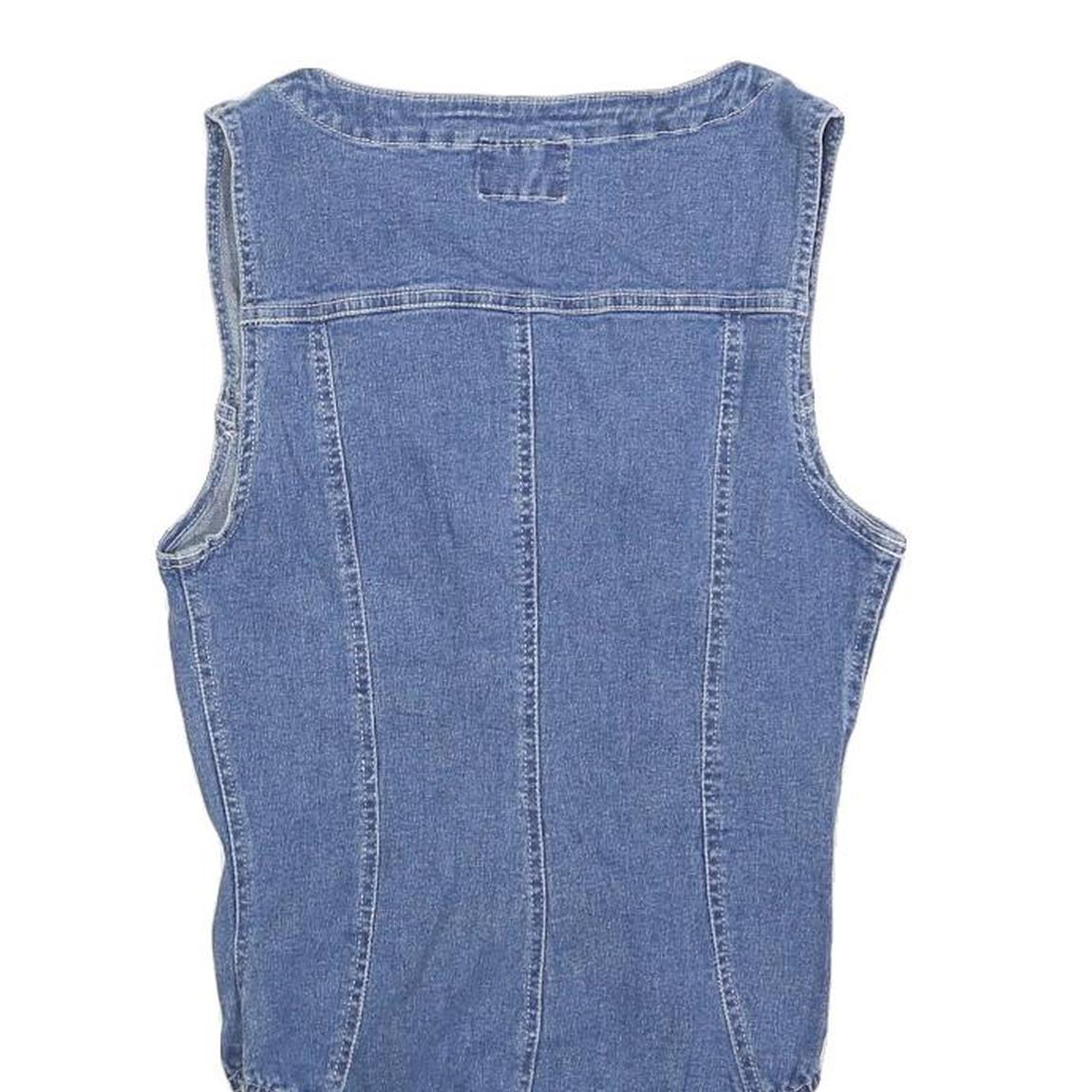FERRONE Womens Blue Denim Playsuit S Sleeveless Zip Front Cotton Blend Body