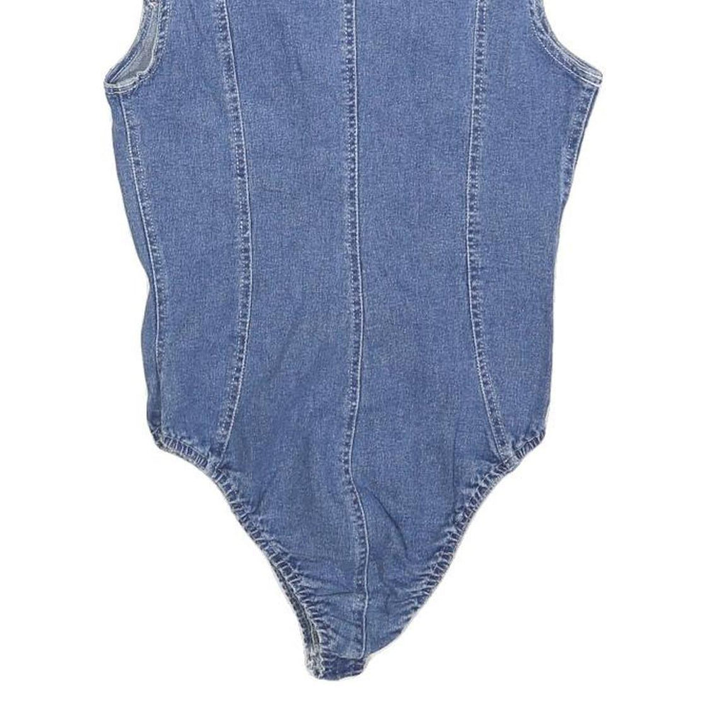 FERRONE Womens Blue Denim Playsuit S Sleeveless Zip Front Cotton Blend Body