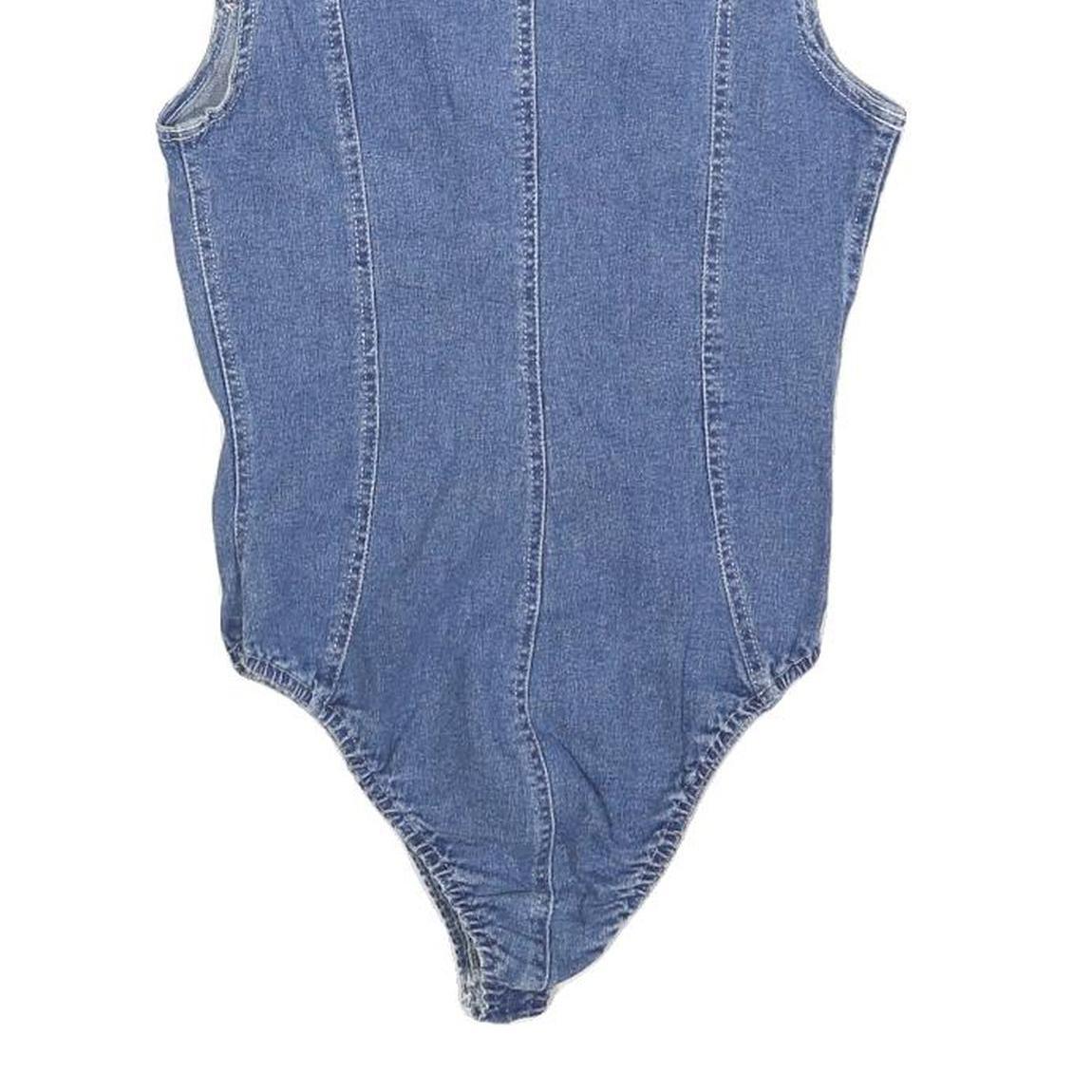 FERRONE Womens Blue Denim Playsuit S Sleeveless Zip Front Cotton Blend Body