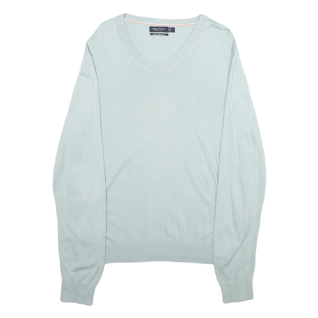 NAUTICA Mens Light Blue Plain Cotton Blend Jumper V-Neck Basic Knit L