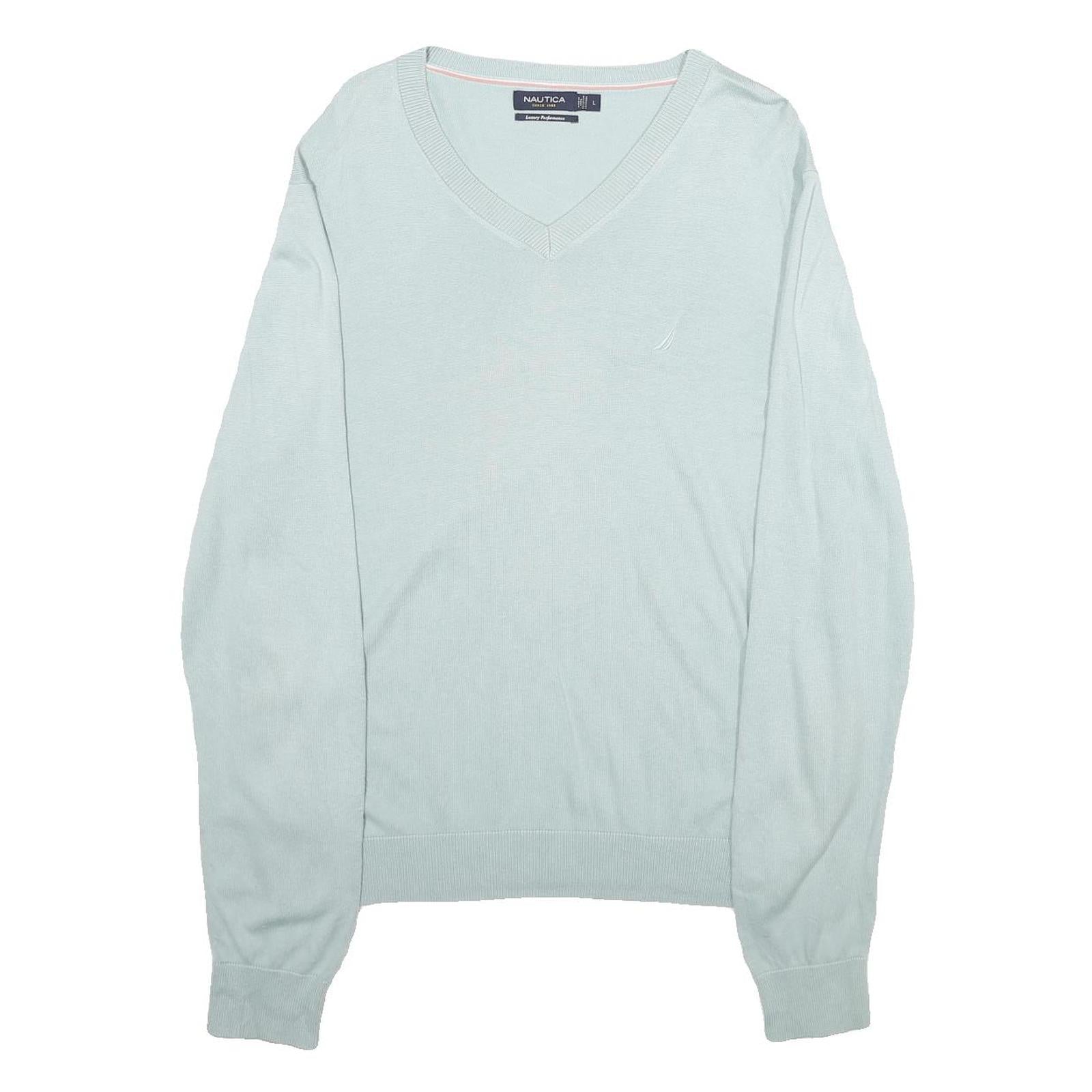 NAUTICA Mens Light Blue Plain Cotton Blend Jumper V-Neck Basic Knit L