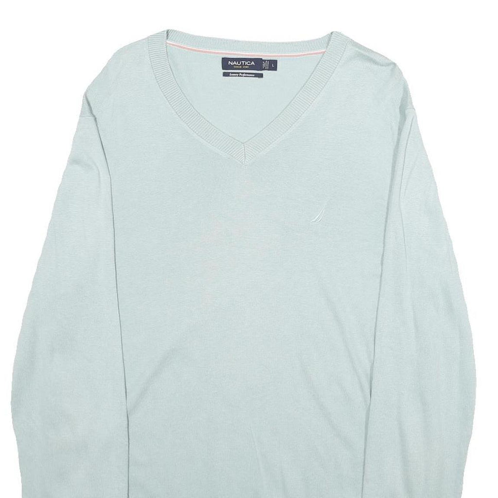 NAUTICA Mens Light Blue Plain Cotton Blend Jumper V-Neck Basic Knit L