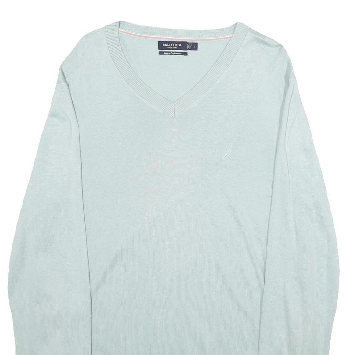 NAUTICA Mens Light Blue Plain Cotton Blend Jumper V-Neck Basic Knit L