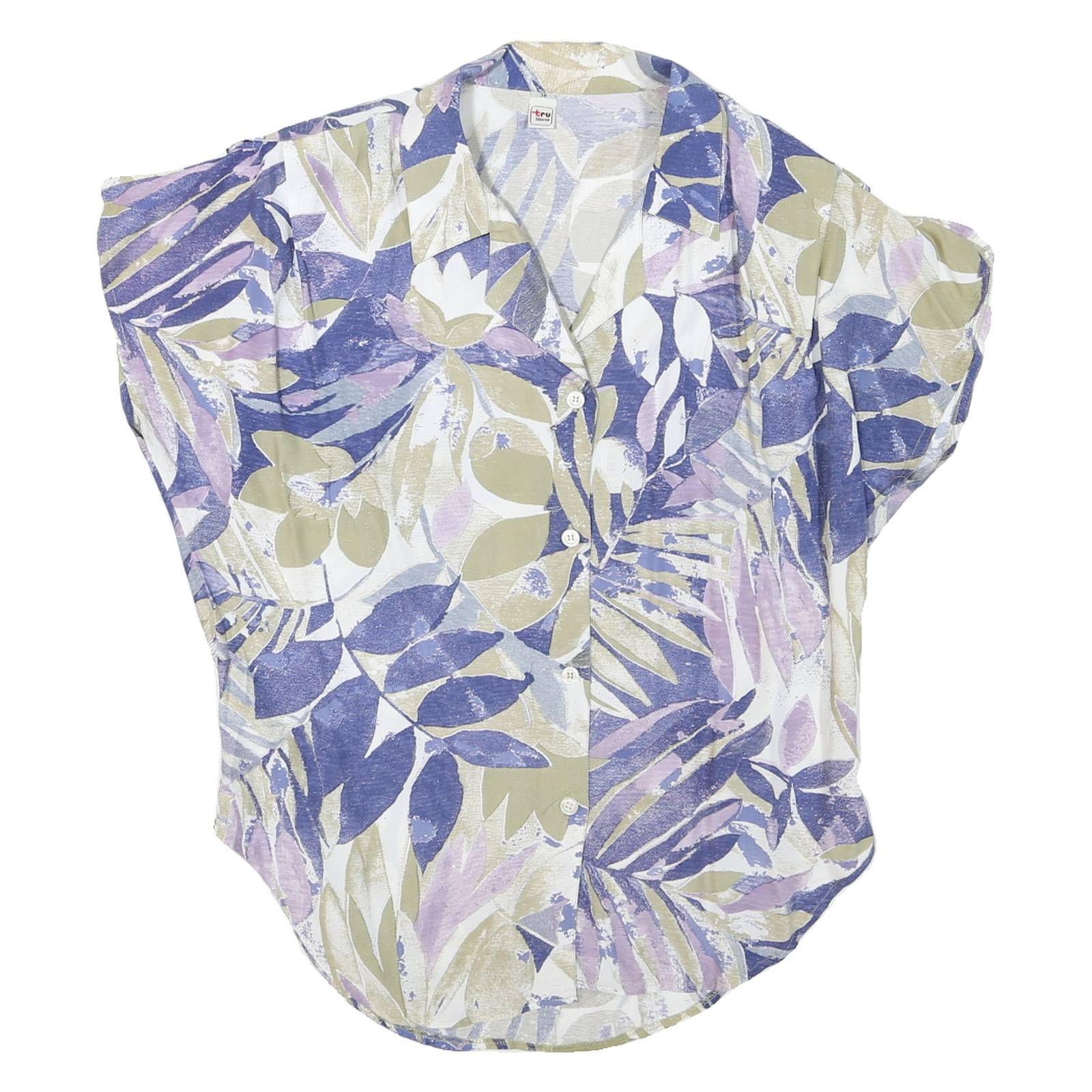 Womens Blue Green Printed Blouse Short Sleeve V-Neck XL Lightweight Shirt