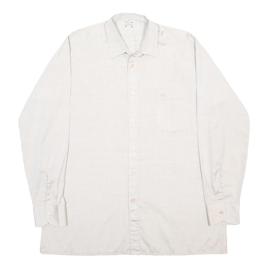 Mens Cream Plain Button Long Sleeve Shirt L Cotton Blend Casual Classic Fit