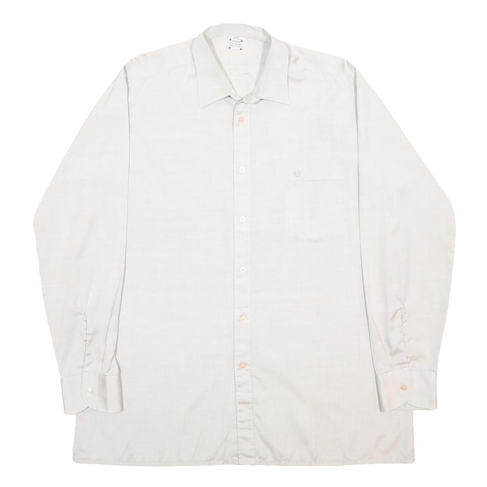 Mens Cream Plain Button Long Sleeve Shirt L Cotton Blend Casual Classic Fit