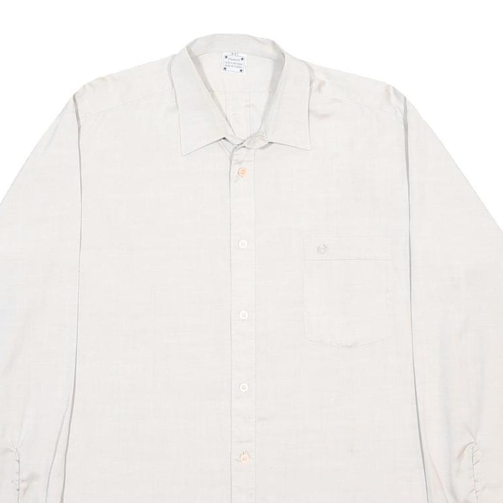 Mens Cream Plain Button Long Sleeve Shirt L Cotton Blend Casual Classic Fit
