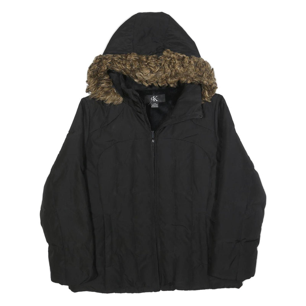 CALVIN KLEIN Womens Black Jacket XL Polyester Blend Hooded Zip Plain Winter Coat