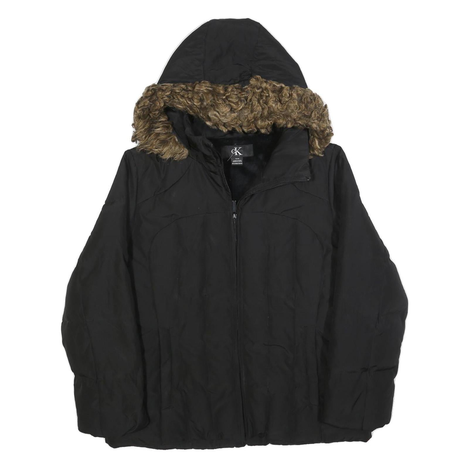 CALVIN KLEIN Womens Black Jacket XL Polyester Blend Hooded Zip Plain Winter Coat