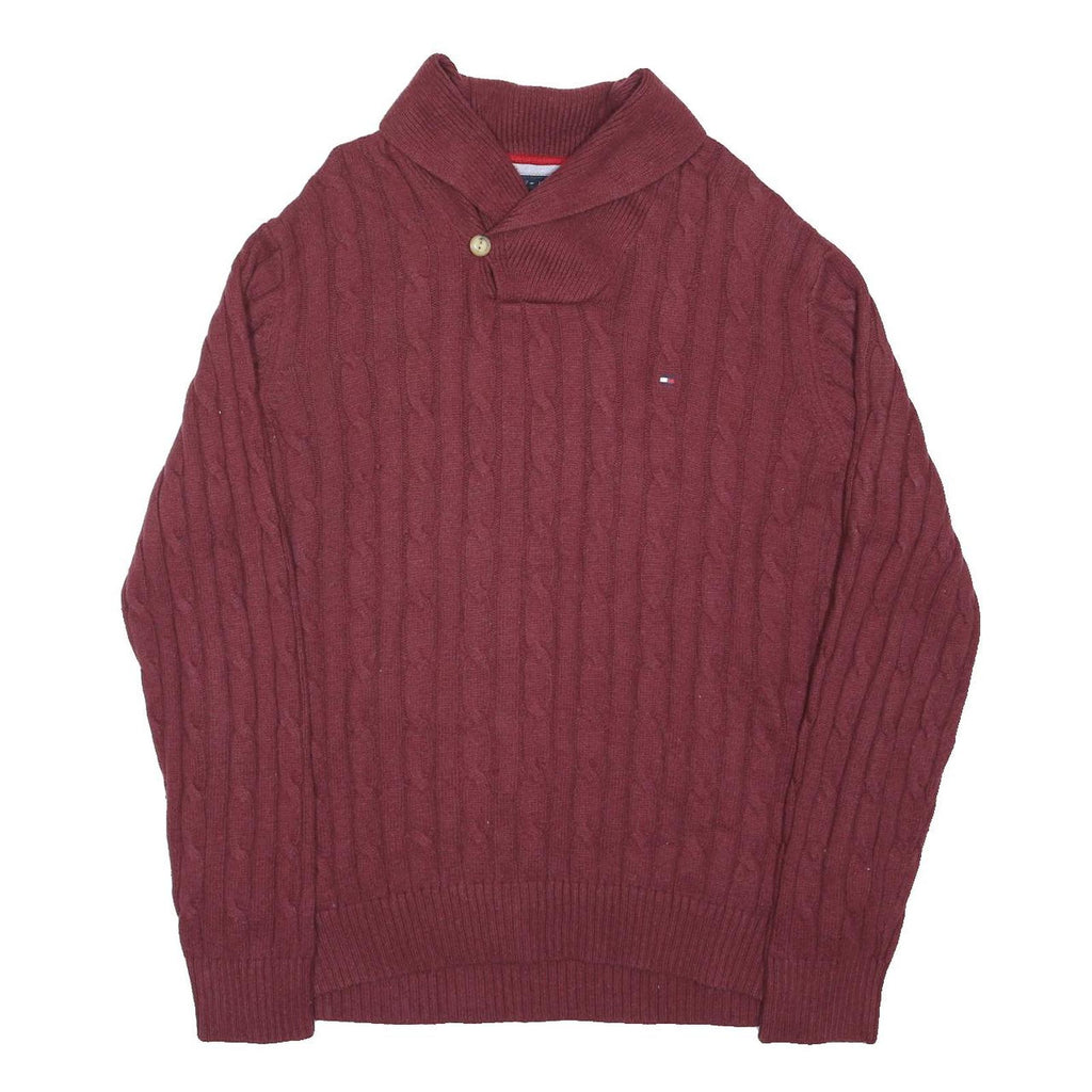 TOMMY HILFIGER Mens Maroon Patterned Jumper Shawl Collar Cable Knit XL Cotton