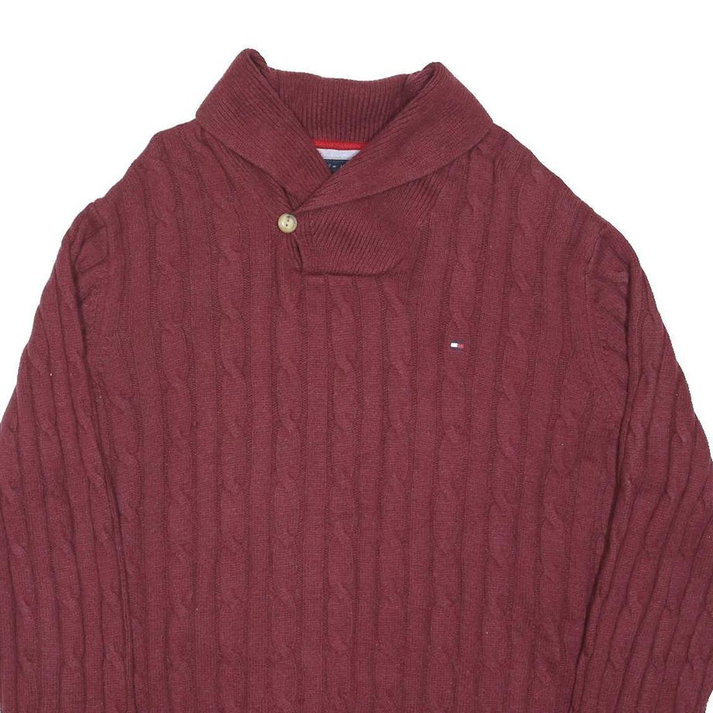 TOMMY HILFIGER Mens Maroon Patterned Jumper Shawl Collar Cable Knit XL Cotton