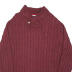 TOMMY HILFIGER Mens Maroon Patterned Jumper Shawl Collar Cable Knit XL Cotton