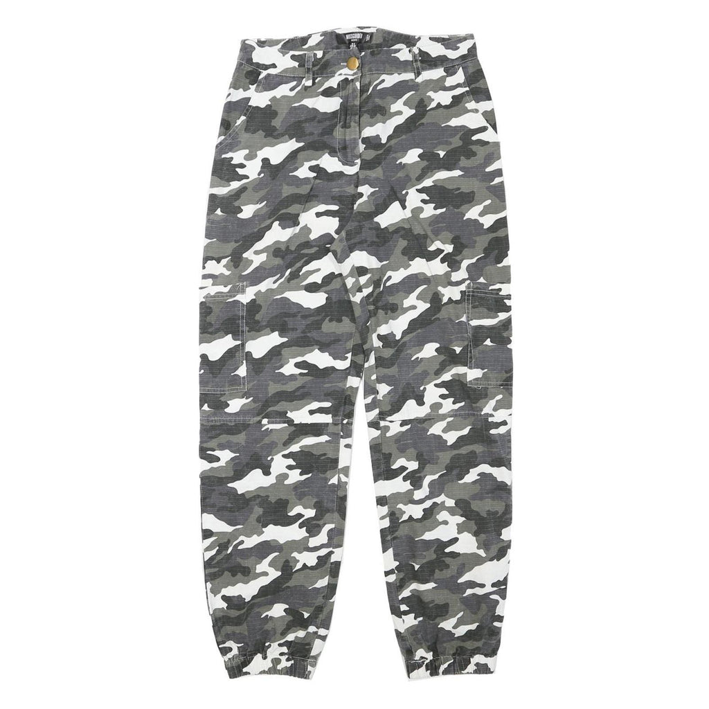 MISSGUIDED Womens Cotton Blend Grey & White Camouflage Relaxed Tapered Trousers
