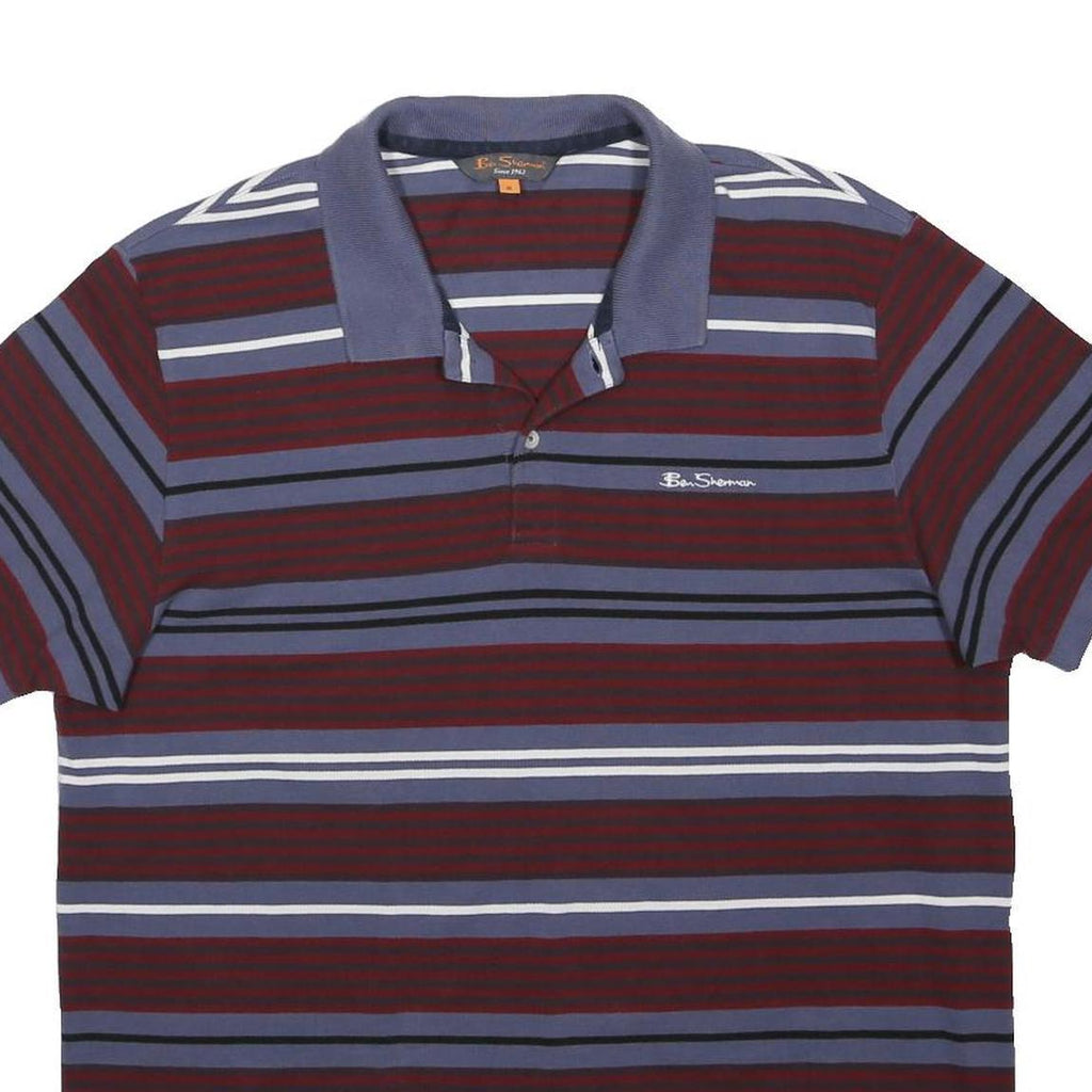 BEN SHERMAN Mens Burgundy & Blue Striped Short Sleeve Polo Shirt XL Cotton