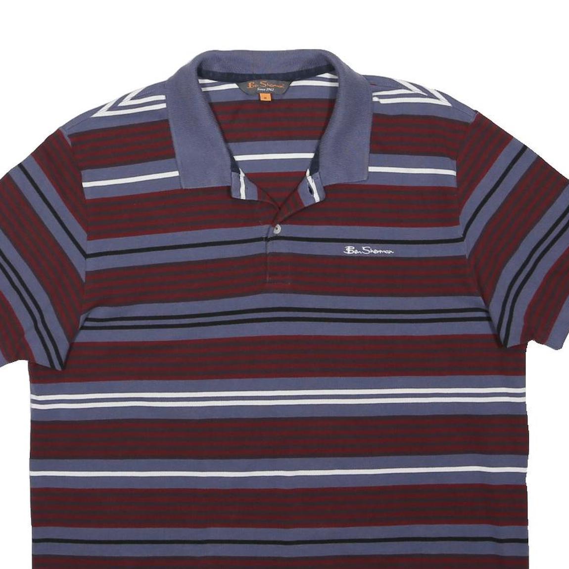 BEN SHERMAN Mens Burgundy & Blue Striped Short Sleeve Polo Shirt XL Cotton