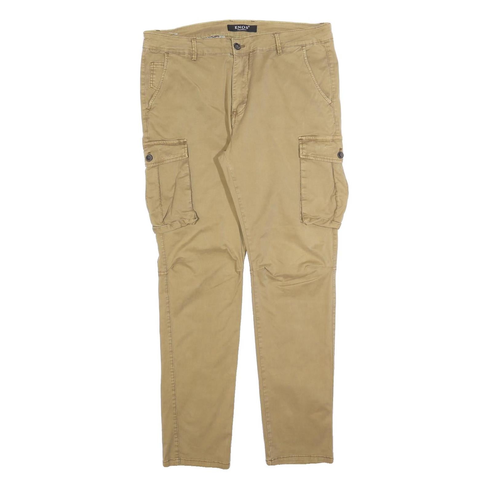 ENOS Mens Beige Slim Straight Cotton Blend Trousers W34 L32 Casual Cargo Style