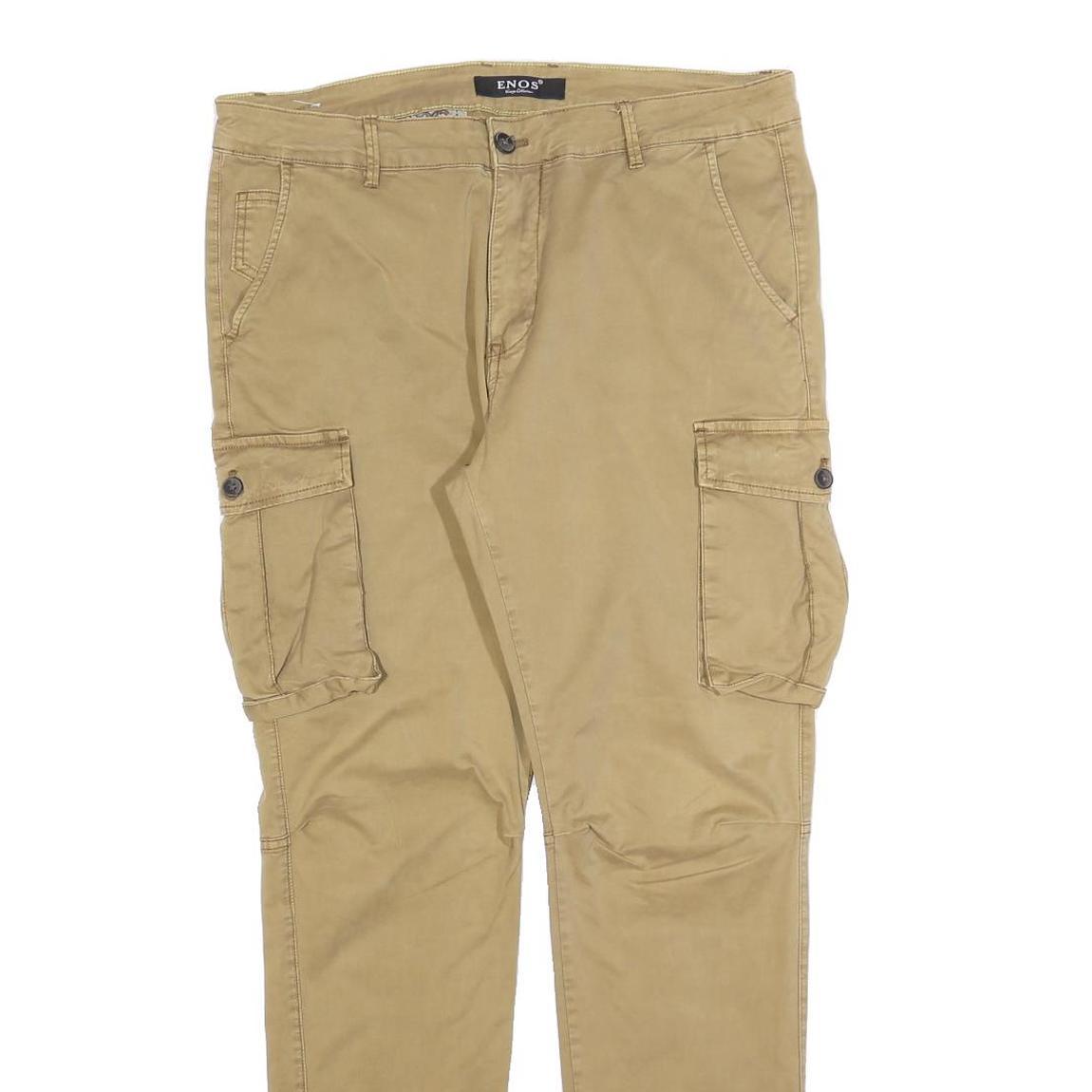 ENOS Mens Beige Slim Straight Cotton Blend Trousers W34 L32 Casual Cargo Style