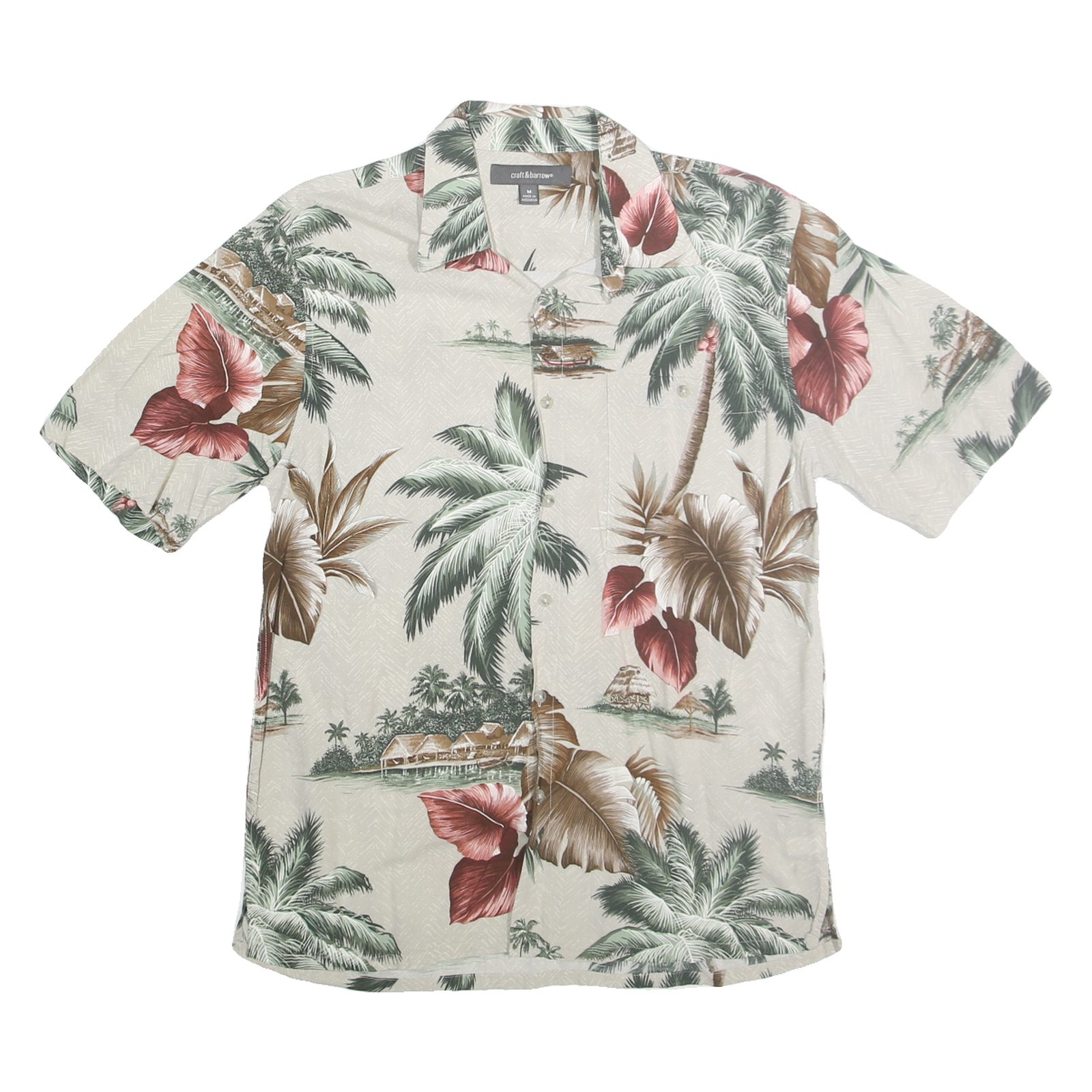 CROFT & BARROW Mens Beige Hawaiian Shirt M Rayon Tropical Print Casual Summer