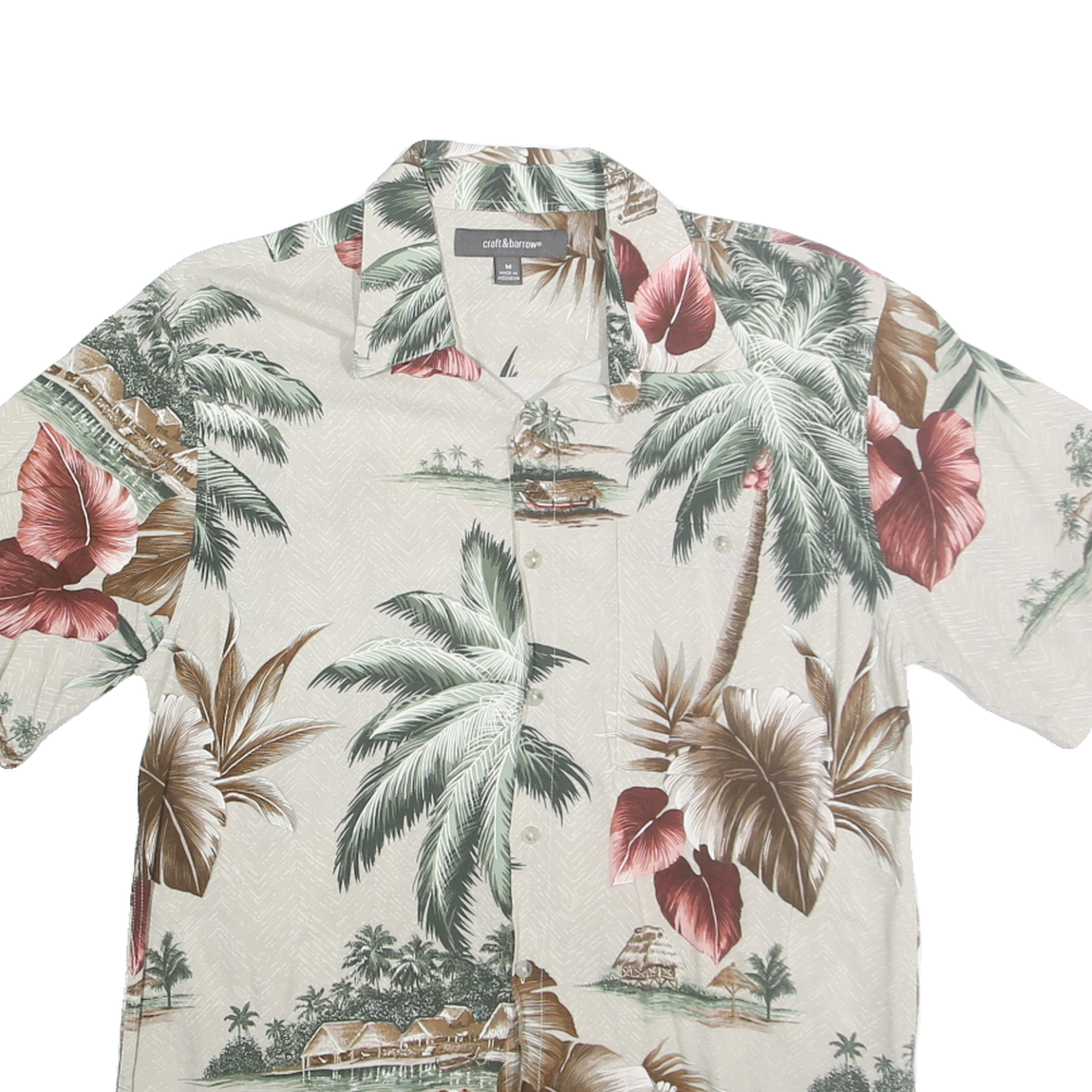 CROFT & BARROW Mens Beige Hawaiian Shirt M Rayon Tropical Print Casual Summer