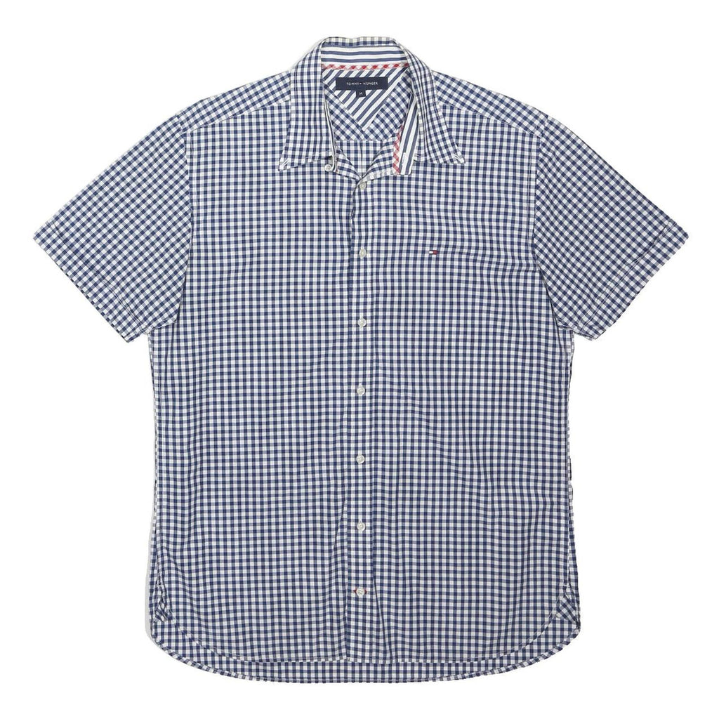 TOMMY HILFIGER Mens Blue & White Check Shirt M Cotton Blend Short Sleeve Casual
