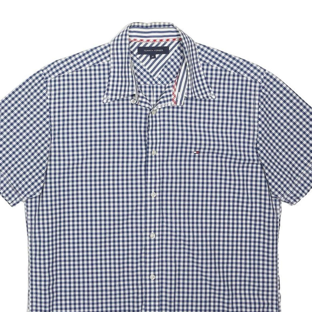 TOMMY HILFIGER Mens Blue & White Check Shirt M Cotton Blend Short Sleeve Casual