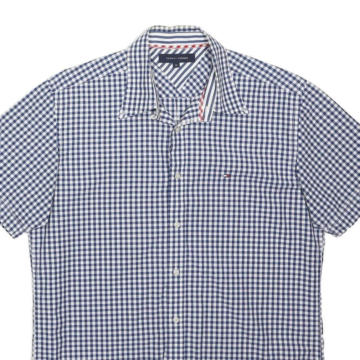 TOMMY HILFIGER Mens Blue & White Check Shirt M Cotton Blend Short Sleeve Casual