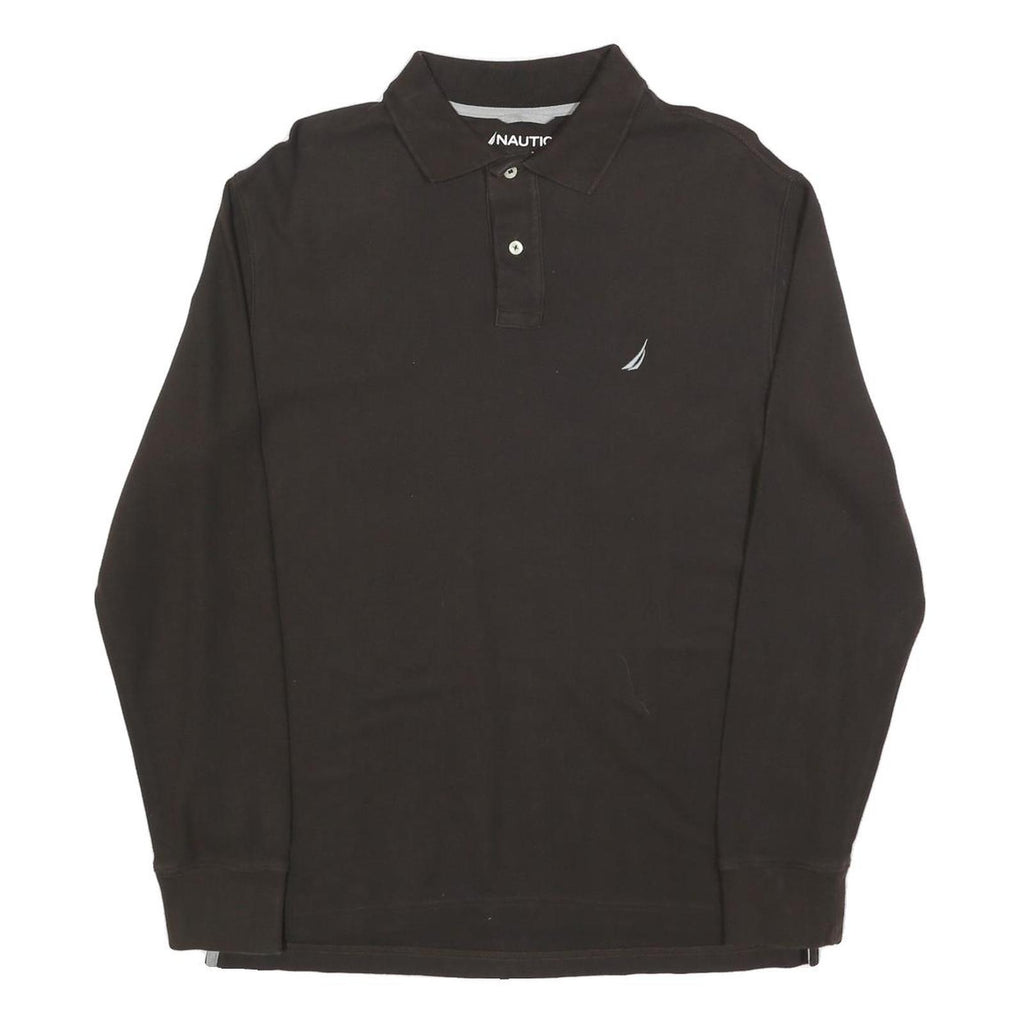 NAUTICA Mens Black Long Sleeve Plain Polo Shirt M Cotton Blend Classic Comfort