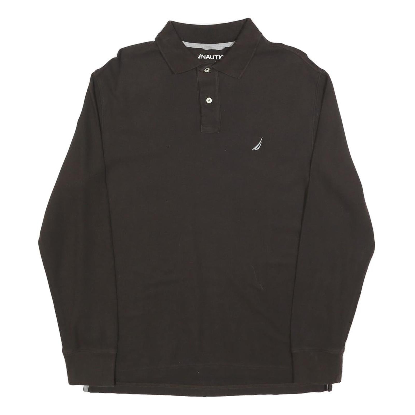 NAUTICA Mens Black Long Sleeve Plain Polo Shirt M Cotton Blend Classic Comfort