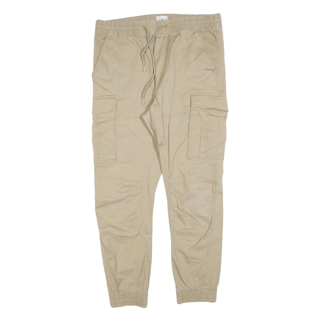 H&M Mens Slim Fit Beige Cargo Trousers W36 L30 Drawstring Cotton Blend Casual