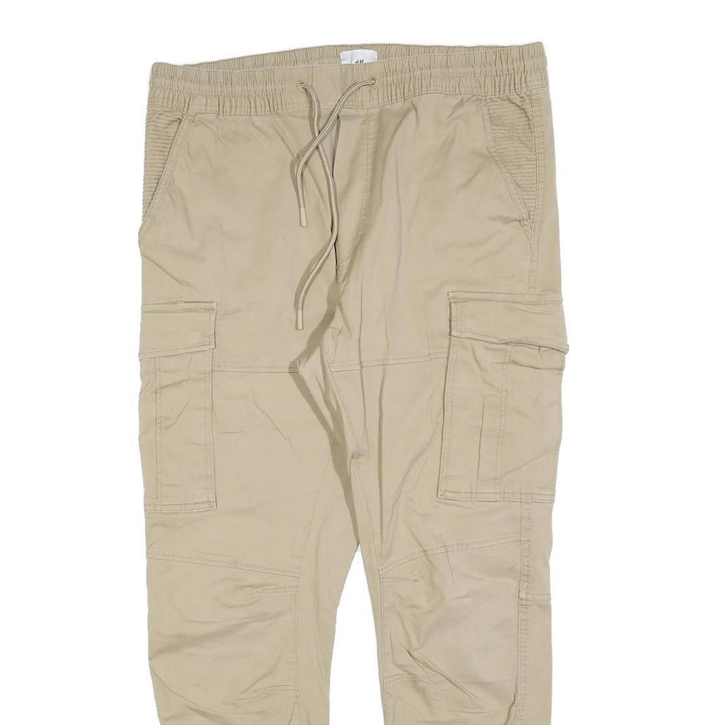 H&M Mens Slim Fit Beige Cargo Trousers W36 L30 Drawstring Cotton Blend Casual
