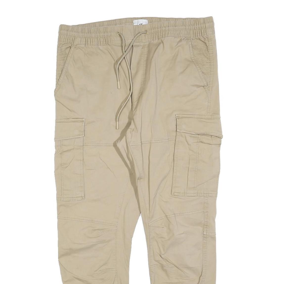 H&M Mens Slim Fit Beige Cargo Trousers W36 L30 Drawstring Cotton Blend Casual