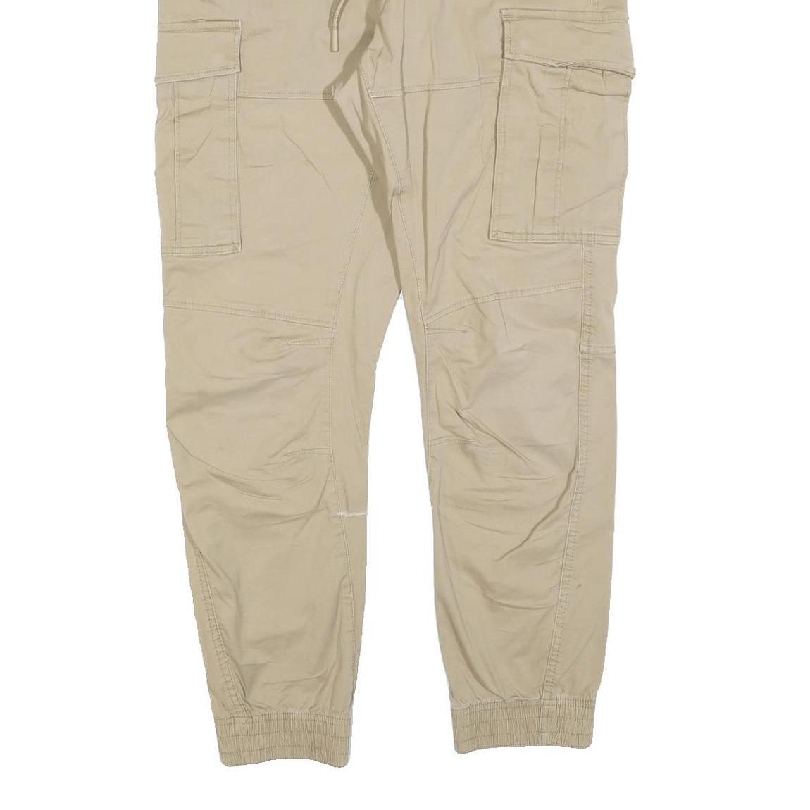 H&M Mens Slim Fit Beige Cargo Trousers W36 L30 Drawstring Cotton Blend Casual