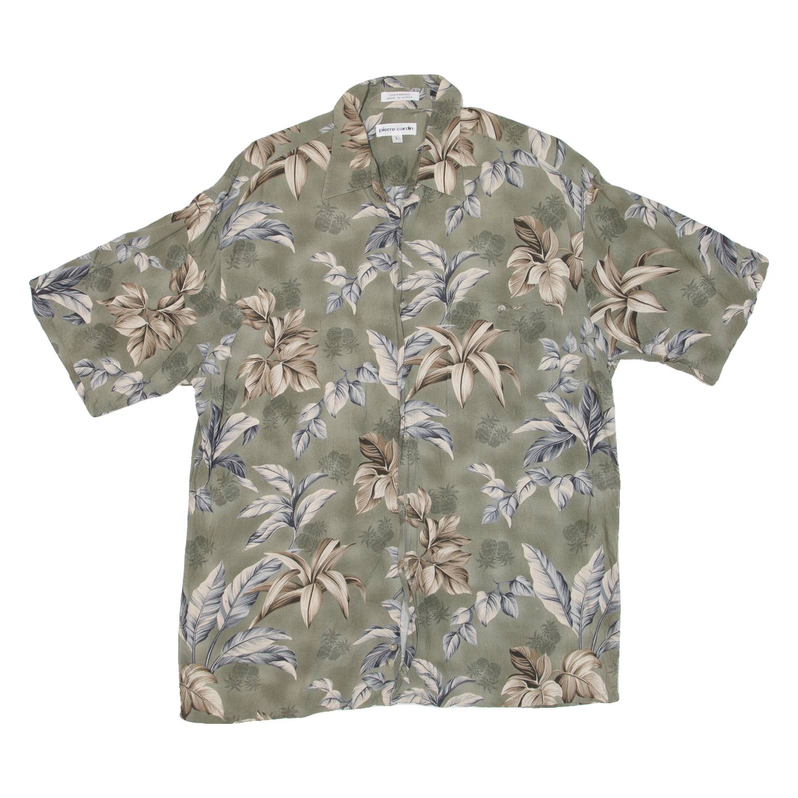PIERRE CARDIN Mens Hawaiian Shirt Green Floral L