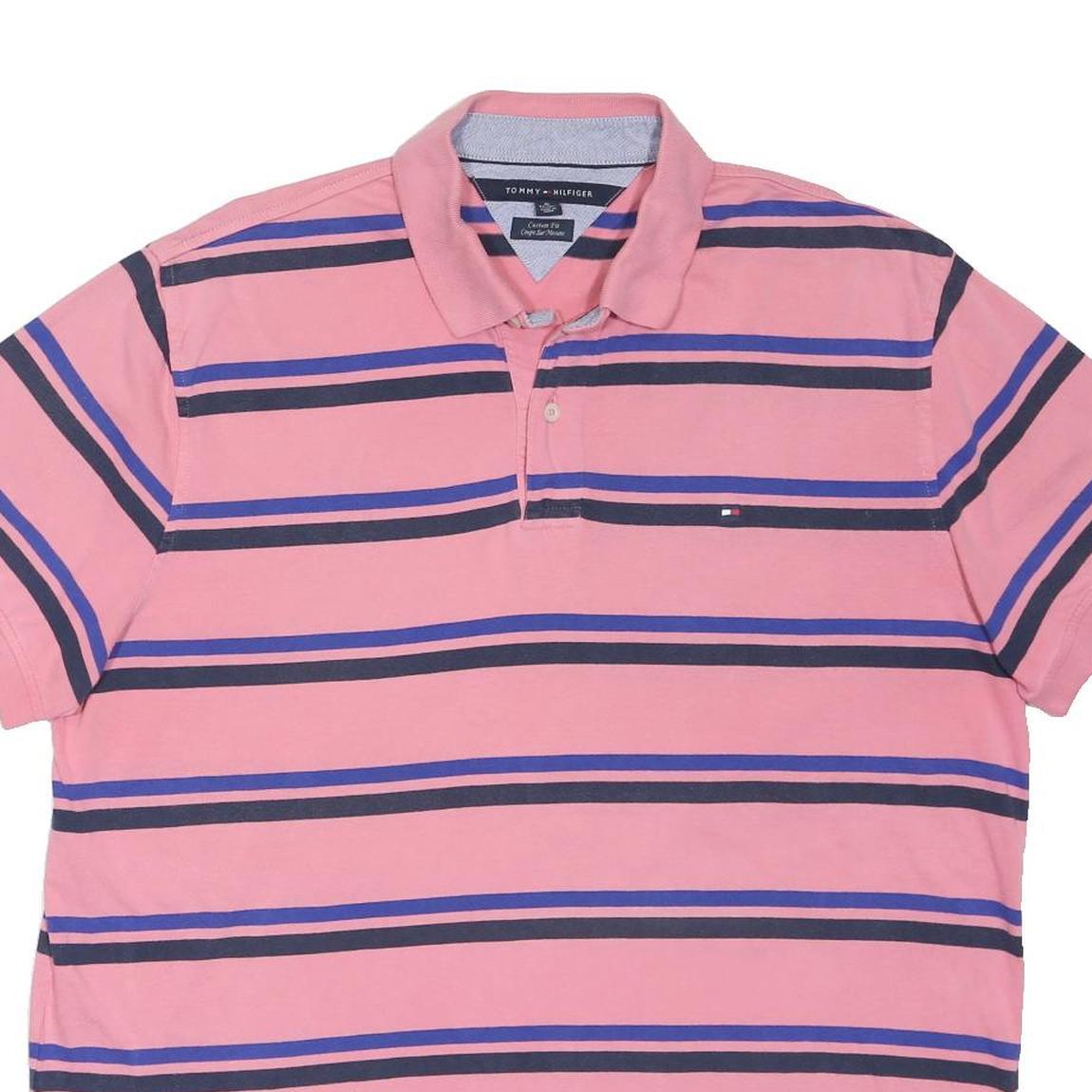 TOMMY HILFIGER Mens Pink & Blue Striped Short Sleeve Polo Shirt XL Casual