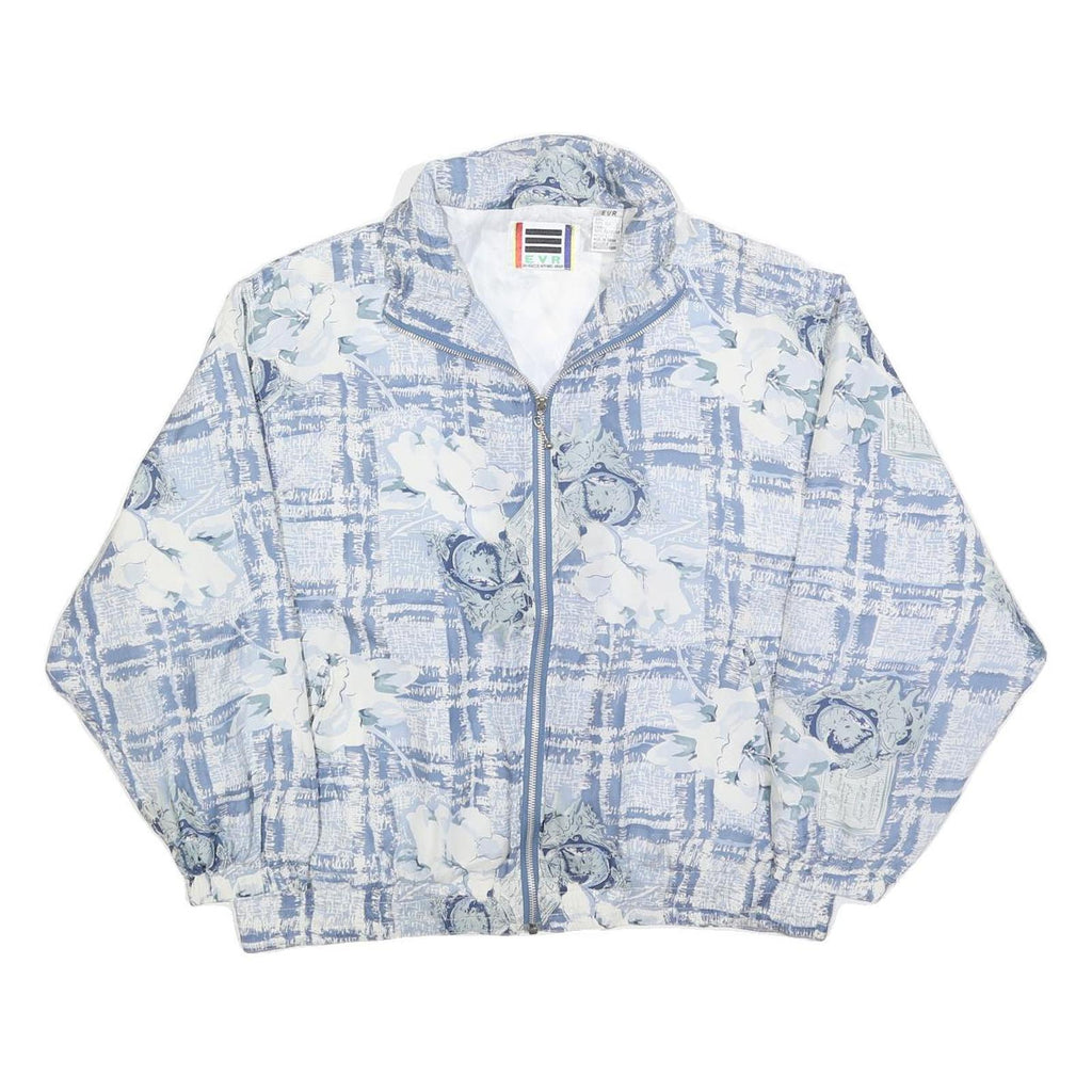 EVR Womens Blue & White Floral Silk Jacket L Lightweight Zip Closure