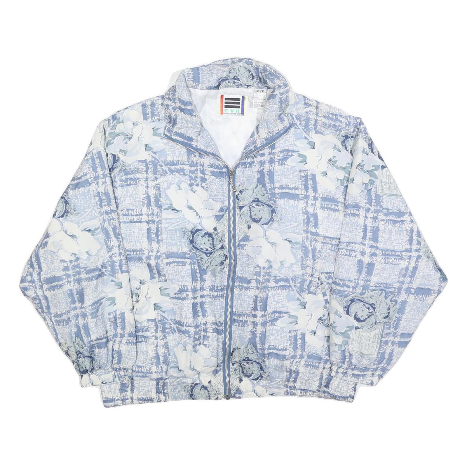 EVR Womens Blue & White Floral Silk Jacket L Lightweight Zip Closure