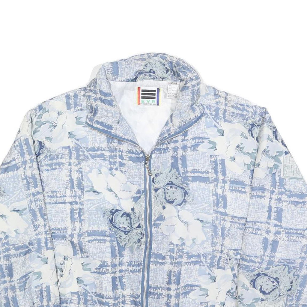 EVR Womens Blue & White Floral Silk Jacket L Lightweight Zip Closure