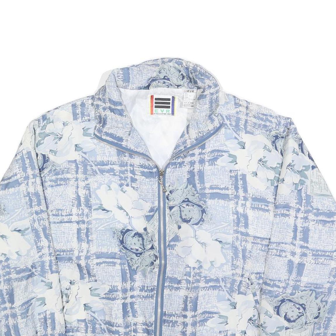 EVR Womens Blue & White Floral Silk Jacket L Lightweight Zip Closure