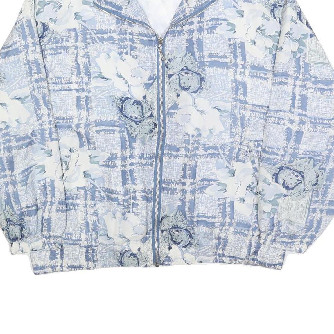 EVR Womens Blue & White Floral Silk Jacket L Lightweight Zip Closure