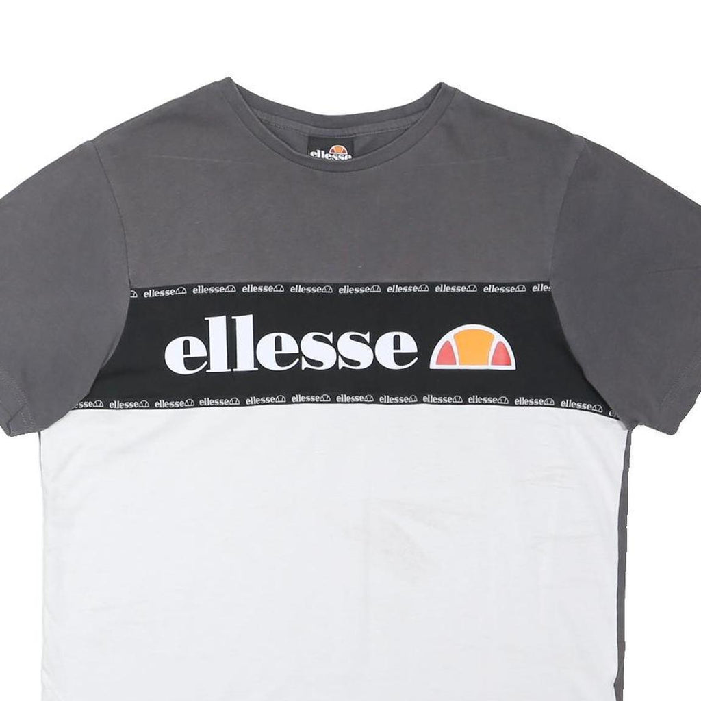 ELLESSE Mens Grey & White Colourblock Logo Graphic T-Shirt M Short Sleeve Crew