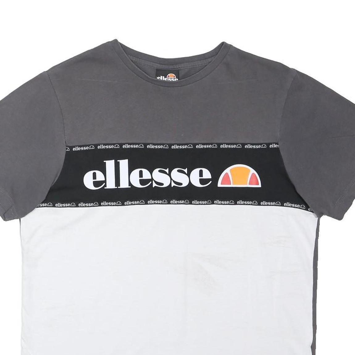 ELLESSE Mens Grey & White Colourblock Logo Graphic T-Shirt M Short Sleeve Crew