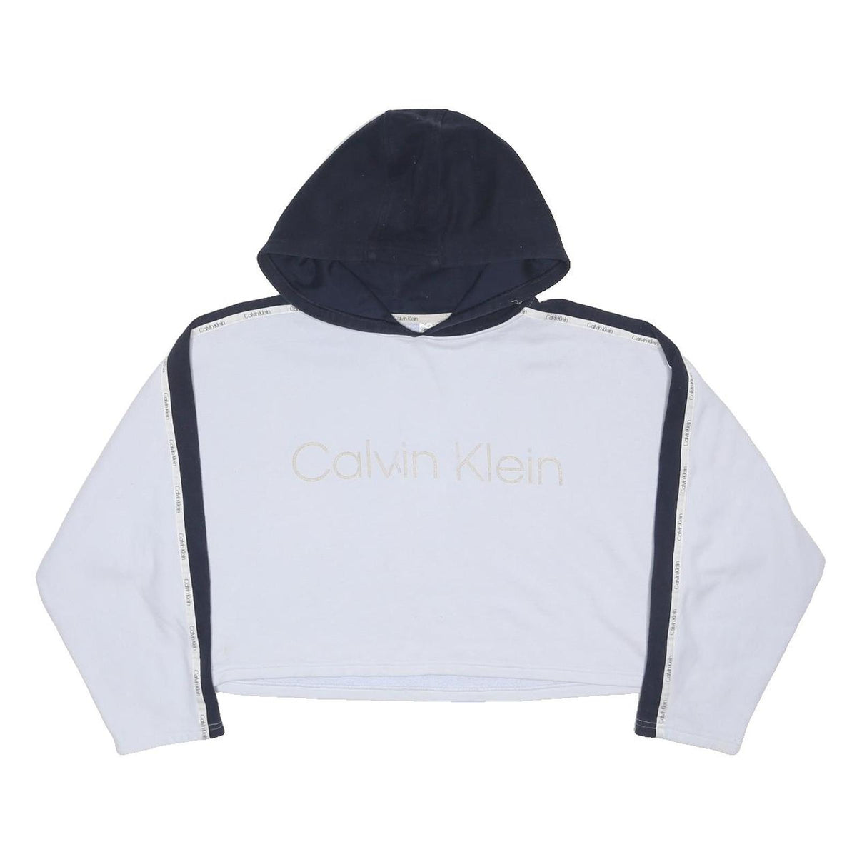 CALVIN KLEIN Womens White & Navy Cropped Hoodie S Cotton Blend Casual