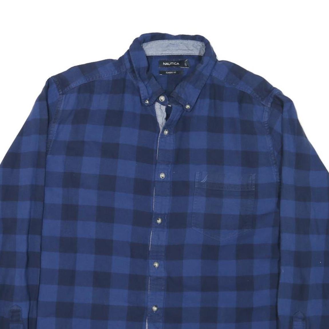 NAUTICA Mens Blue & Navy Checked Shirt XL Button-Down Cotton Blend Casual